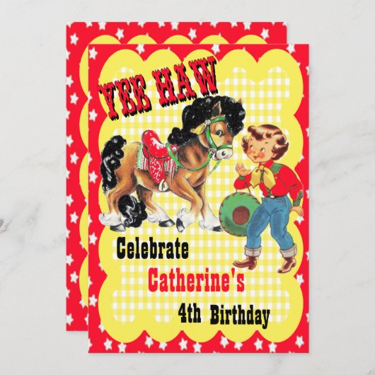 西女性のカーボーイと馬の誕生日パーティーの招待 招待状 (正面/裏面)