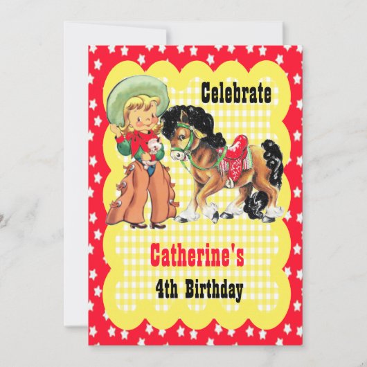 西女性のカーボーイと馬の誕生日パーティーの招待 招待状 (正面)