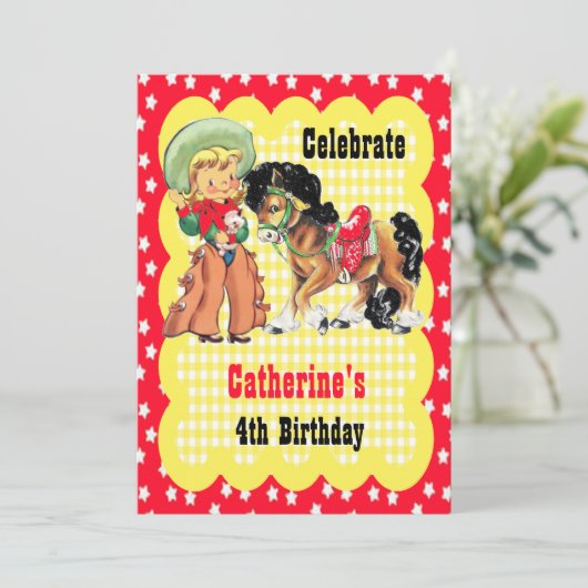 西女性のカーボーイと馬の誕生日パーティーの招待 招待状 (スタンド正面)