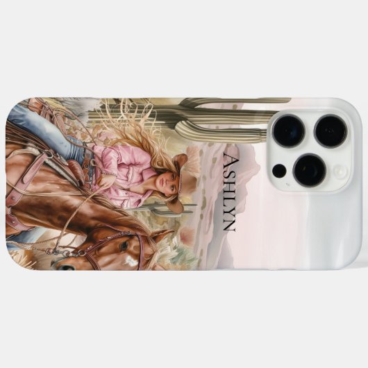 西女性のカーボーイインピンクブロンドヘアオンホース Case-Mate iPhoneケース (裏面 (横))
