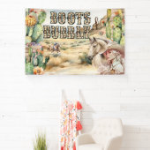 西女性のカーボーイカウボーイ素朴な砂漠サボテン 横断幕 (インサイチュ)