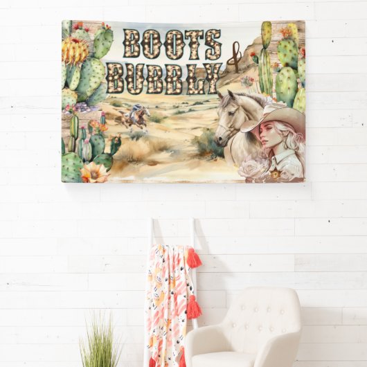 西女性のカーボーイカウボーイ素朴な砂漠サボテン 横断幕 (インサイチュ)