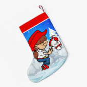 西女性のカーボーイキッドオンスティックホース冬のシーン スモールクリスマスストッキング (裏面 (吊り時))