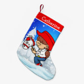 西女性のカーボーイキッドオンスティックホース冬のシーン スモールクリスマスストッキング (正面 (吊り時))