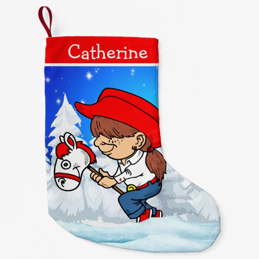 西女性のカーボーイキッドオンスティックホース冬のシーン スモールクリスマスストッキング (正面)