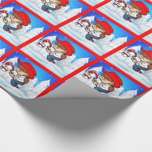 西女性のカーボーイキッドオンスティックホース冬のシーン ラッピングペーパー (角)