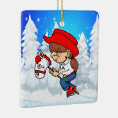 西女性のカーボーイキッドオンスティックホース冬のシーンSq セラミックオーナメント (右)