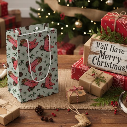 西女性のカーボーイクリスマスピンクとグリーン スモールペーパーバッグ