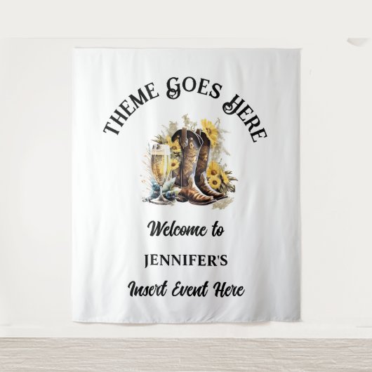 西女性のカーボーイブーツひまわり泡立つ国 タペストリー (正面)