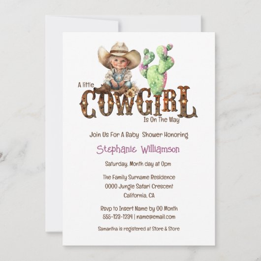 西女性のカーボーイ砂漠サボテン女の子の赤ちゃんシャワー 招待状 (正面)