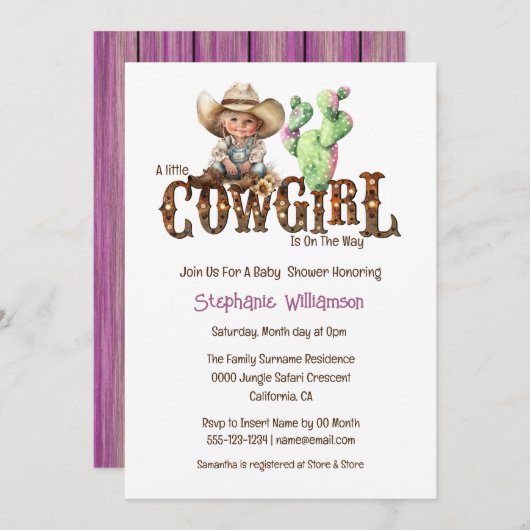 西女性のカーボーイ砂漠サボテン女の子の赤ちゃんシャワー 招待状 (正面/裏面)