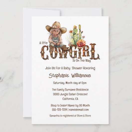 西女性のカーボーイ砂漠サボテン女の子の赤ちゃんシャワー 招待状 (正面)