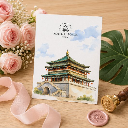 西安鐘楼 中国 水彩画 旅行のお土産 ポストカード