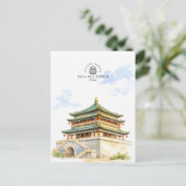 西安鐘楼 中国 水彩画 旅行のお土産 ポストカード (スタンド正面)