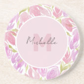 西明るい赤紫色ピンク水彩フラワーズモノグラム コースター (正面)