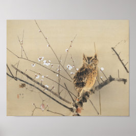 西村後雲の早咲きの梅の花、ヴィンテージのフクロウ ポスター