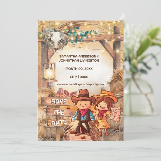 西洋のカウボーイカップル砂漠のアーチを求めている 招待状 (スタンド正面)