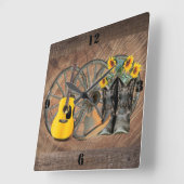 西洋ワゴンホイールギターカウボーイブーツひまわり スクエア壁時計 (傾斜)