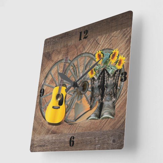 西洋ワゴンホイールギターカウボーイブーツひまわり  スクエア壁時計 (傾斜)