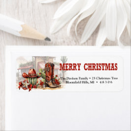 西素朴の赤いカウボーイのブーツと帽子クリスマス ラベル