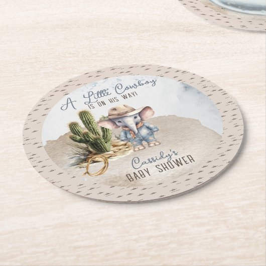 西素朴象カウボーイボーイベビーシャワー ラウンドペーパーコースター (アングル)