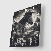 西素朴馬と農場の風景 スクエア壁時計 (傾斜)