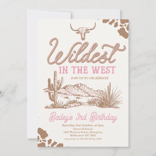 西誕生日で茶色のピンクの野生の西 招待状 (正面)