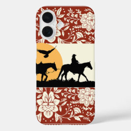 西部のカウボーイと馬のフローラル・フォークアート 日没 iPhone 16ケース