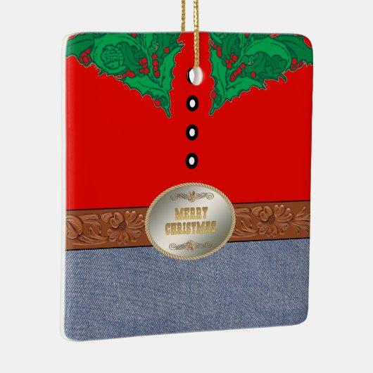 西部のカウボーイのサンタのベルトの留め金の赤いワイシャツのジーンズ セラミックオーナメント (右)