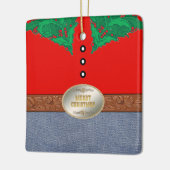 西部のカウボーイのサンタのベルトの留め金の赤いワイシャツのジーンズ セラミックオーナメント (左)