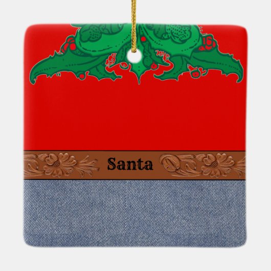西部のカウボーイのサンタのベルトの留め金の赤いワイシャツのジーンズ セラミックオーナメント (裏面)