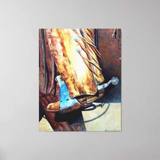 西部のカウボーイのブーツとロデオの馬、漫画 キャンバスプリント (正面)