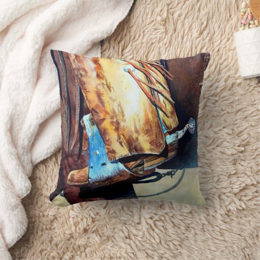 西部のカウボーイのブーツとロデオの馬、漫画 クッション (ブランケット)