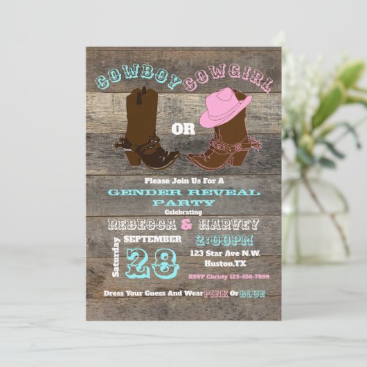 西部のカウボーイまたは女性のカーボーイの性はパーティーを明らかにします 招待状 (スタンド正面)