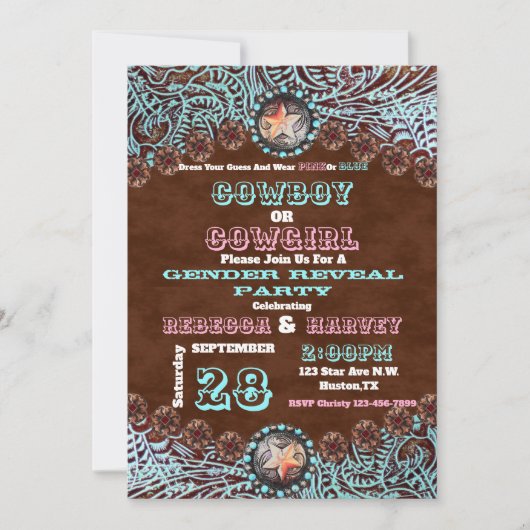 西部のカウボーイまたは女性のカーボーイジェンダーがパーティーを明かす 招待状 (正面)