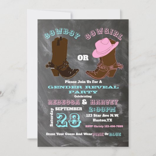 西部のカウボーイまたは女性のカーボーイジェンダーがパーティーを明かす 招待状 (正面)