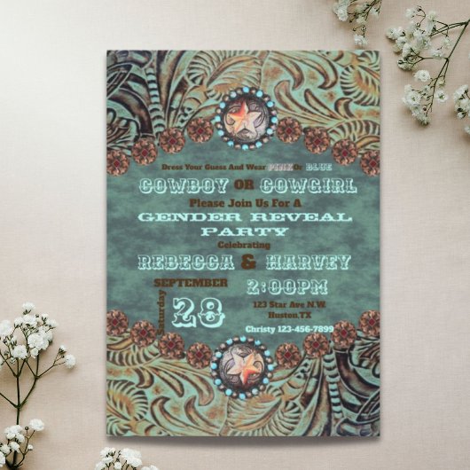 西部のカウボーイまたは女性のカーボーイジェンダーがパーティーを明かす 招待状