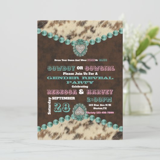 西部のカウボーイまたは女性のカーボーイジェンダーがパーティーを明かす 招待状 (スタンド正面)