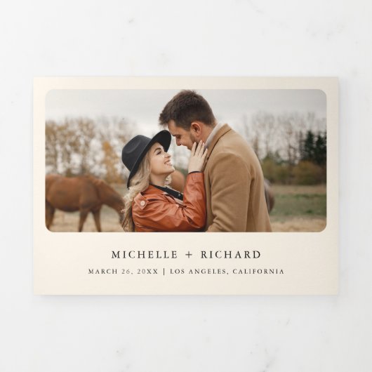 西部のカップルが馬に乗り揃え結婚て 三つ折り招待状 (カバー)