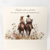 西部のカップルが馬に乗り揃え結婚て 三つ折り招待状 (内部最初)
