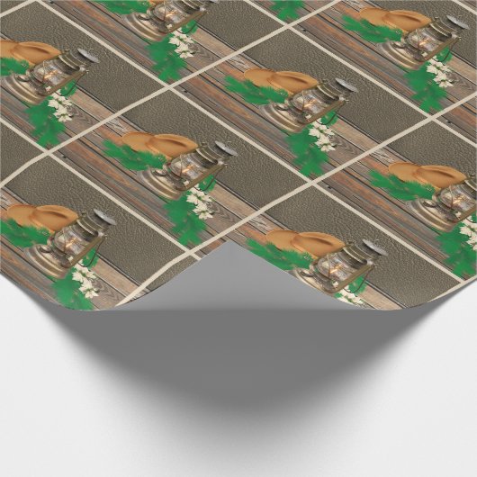 西部のカーボーイ・ハットのランタンのフェイクな木製の革プリント ラッピングペーパー (角)