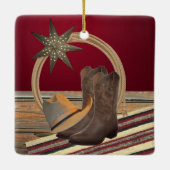 西部のカーボーイ・ハットはロープおよび星の正方形を追い出します セラミックオーナメント (裏面)