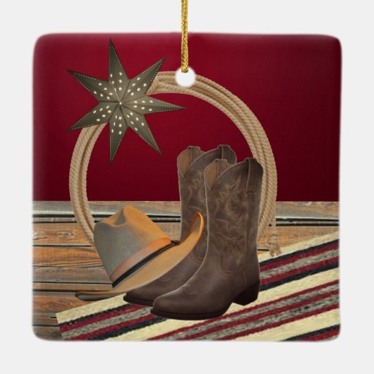 西部のカーボーイ・ハットはロープおよび星の正方形を追い出します セラミックオーナメント (裏面)