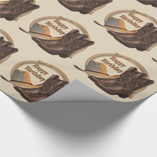 西部のカーボーイ・ハットブーツおよびロープのハッピーバースデー ラッピングペーパー (角)