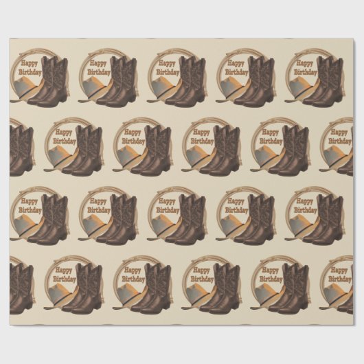 西部のカーボーイ・ハットブーツおよびロープのハッピーバースデー ラッピングペーパー (フラット)