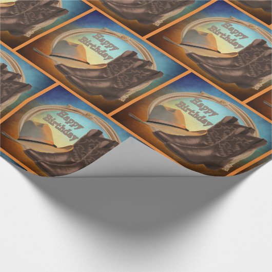 西部のカーボーイ・ハットブーツおよびロープのハッピーバースデー ラッピングペーパー (角)
