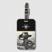 西部のチャーム：カウボーイハット&ロープFの木材で休む ラゲッジタグ (正面縦)