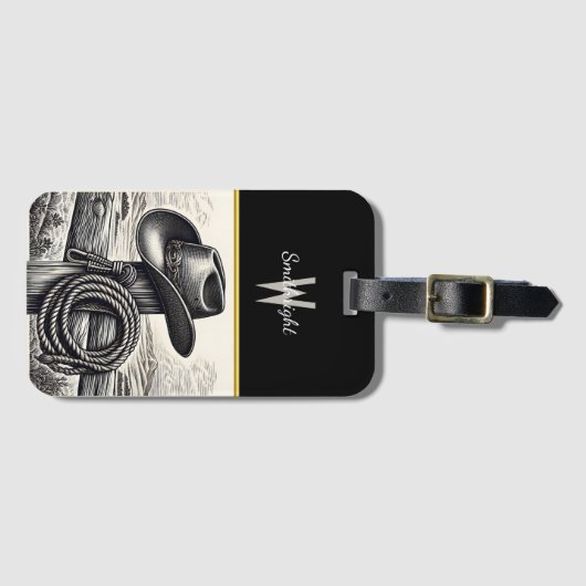 西部のチャーム：カウボーイハット&ロープFの木材で休む ラゲッジタグ (正面横)