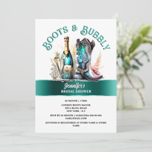 西部のティール（緑がかった色）カウボーイのブーツヴィンテージバブリー夏 招待状 (スタンド正面)