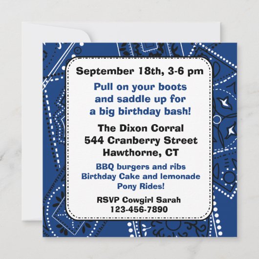 西部のバンダナのカウボーイの誕生日の招待状 招待状 (裏面)